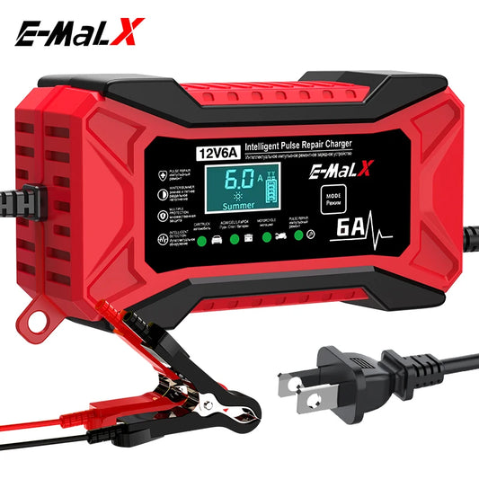 12V 6A パルス修復バッテリー充電器 – LiFePO4・AGM・GEL・鉛酸対応、スマート急速充電、自動車・バイク用